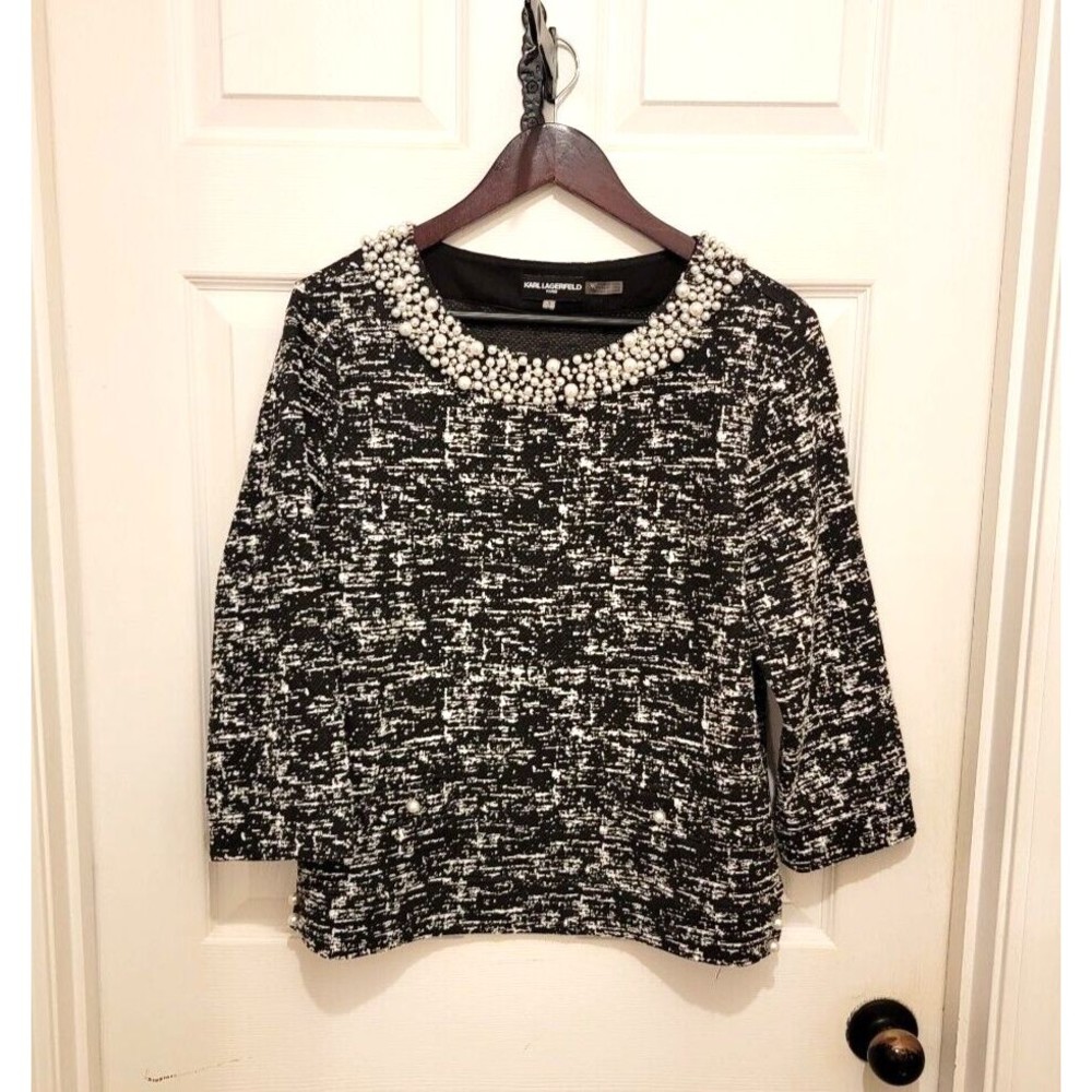 Karl Lagerfeld Paris Tweed Pearl Neckline Designer Shirt Blouse Size Medium